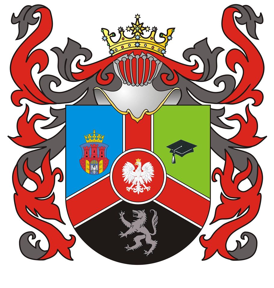 Herb Krakowskiej Legii Akademickiej przedstawiające herb Miasta Krakowa, uniwersytecki bieret oraz szarego wilka na czarnym tle.