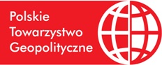 Bialo czerwone logo Polskiego towarzystwa Geopolitycznego - ze szkieletem w kształcie globusu